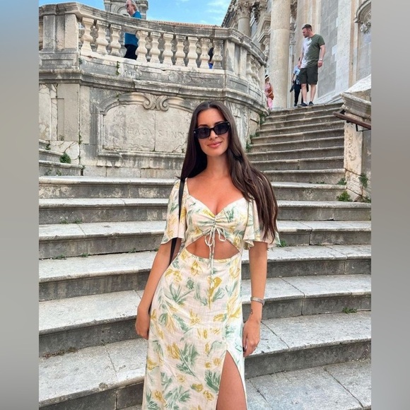 Zara Floral Cutout Midi Dress Green Flutter Sleeves Resort Vacation Tropical S - Picture 2 of 12